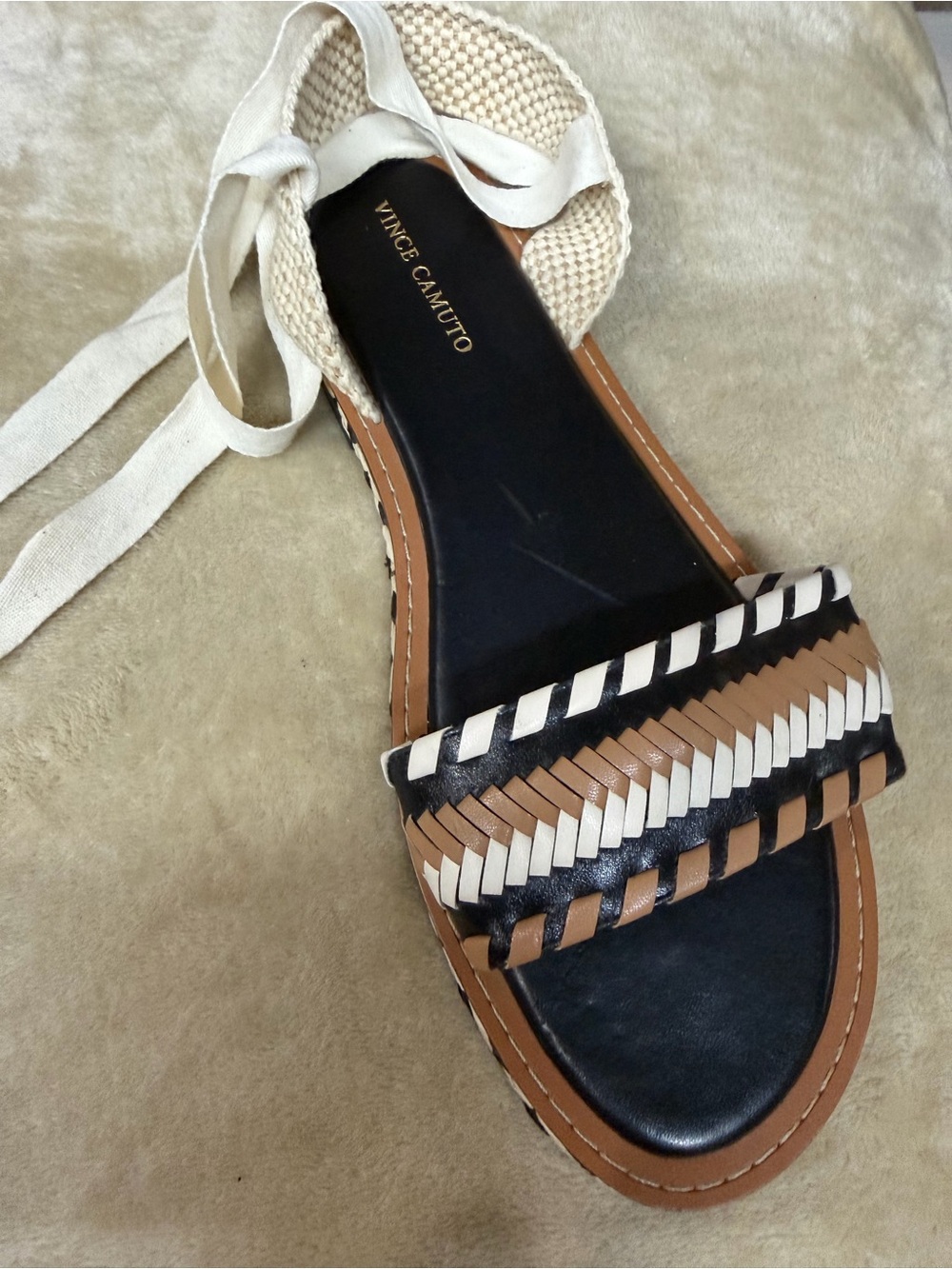 Vince Camuto Women's Black and Tan Braided Strap Sandals with Cream Ankle Ties - Picture 13 of 16